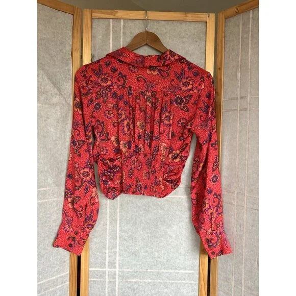 FREE PEOPLE I Got You Printed Floral Smocked Crop Top Red Long Sleeve XSmall - Picture 8 of 11